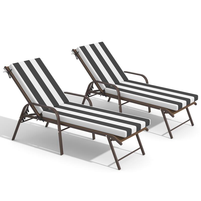 Outdoor Lounge Chairs Chaise Lounge Set with Adjustable Back and Cushions - Brown Fabric Chair with Black&White Cushion