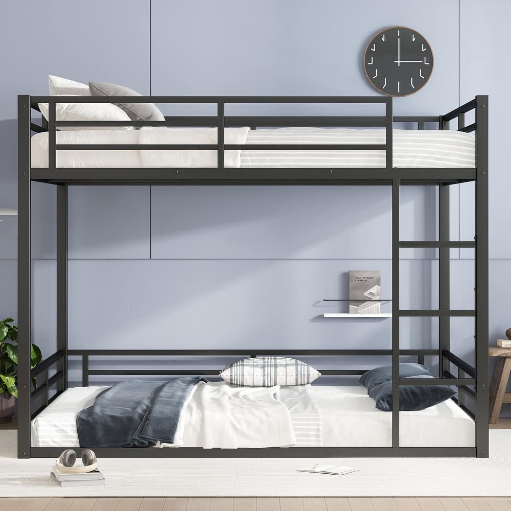 Heavy Duty Metal Bunk Bed, Low Floor Bunk Bed Frame with Full Length Guardrail, Noise Free Design