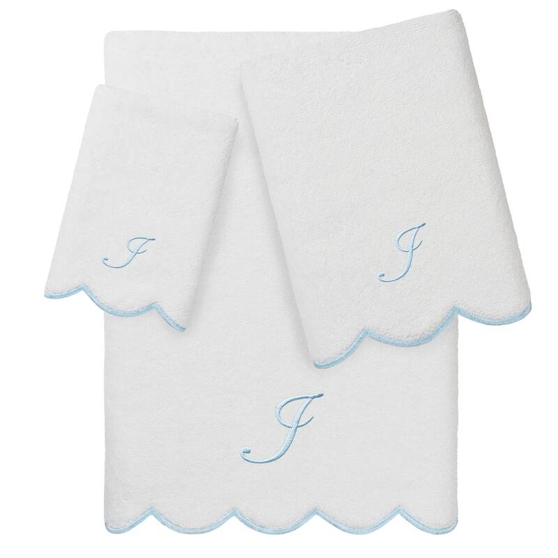 Authentic Hotel and Spa 100% Turkish Cotton Blue ADORNIA Scallop Personalized 3 Piece Towel Set - 3 Piece Set - I