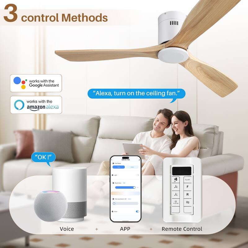 Sofucor 52 Inch Solid Wood Flush Mount Indoor Ceiling Fan without Light,Remote Control,Smart Optional
