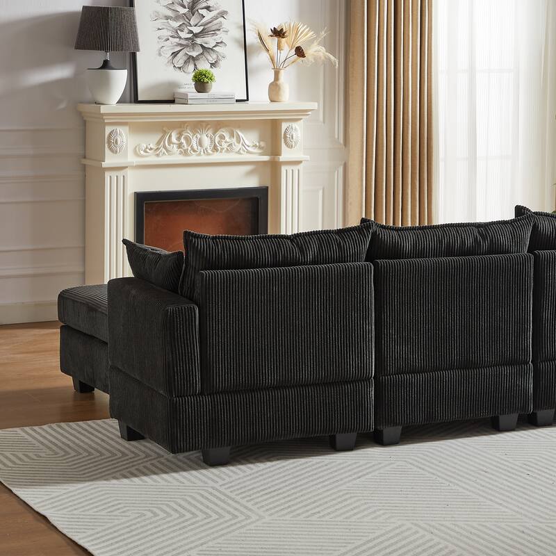 113.5" Corduroy U-Shaped Sectional Sofa with Ottoman