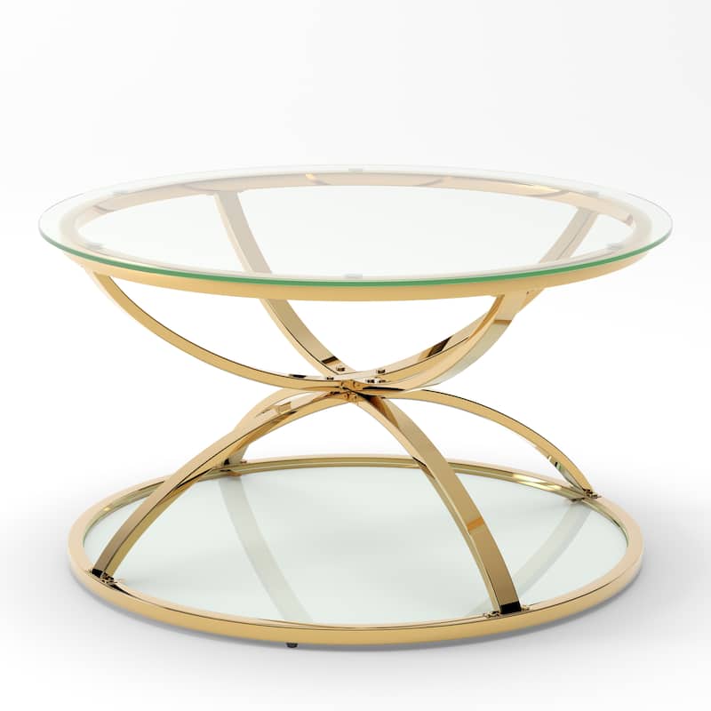 Modern 2 Tiers Glass Coffee Table with Ring-Shaped Metal Frames