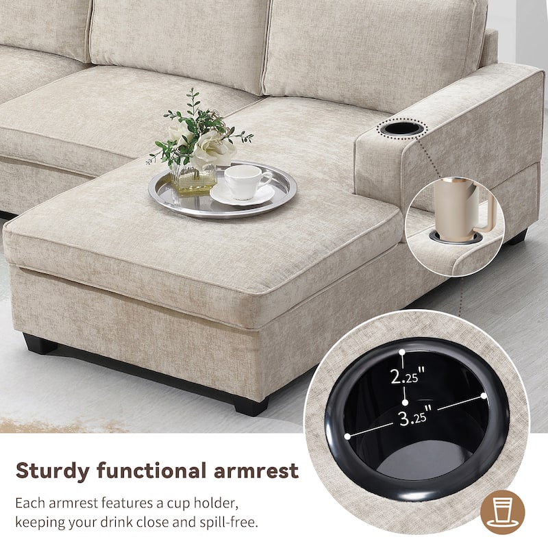 119*67" Chenille Upholstered U-Shaped Corner Sectional Sofa with Oversized Chaise Lounge and Cup holder