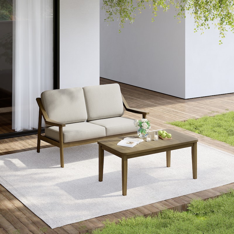Outdoor Wood Teak Cushioned Patio 2 Seater Loveseat with Coffee Table