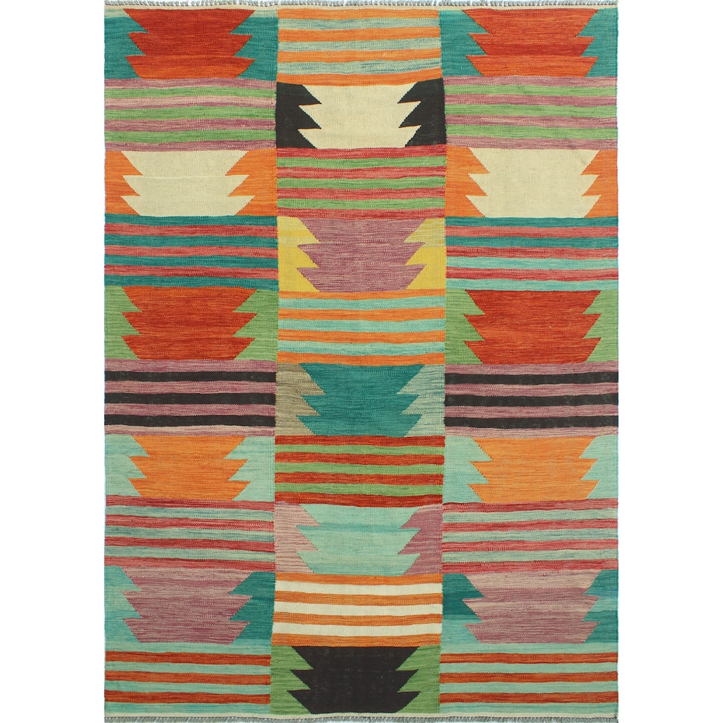 Modern Flatweave Orsen Green/Rust Rug - 5'5" x 8'2"