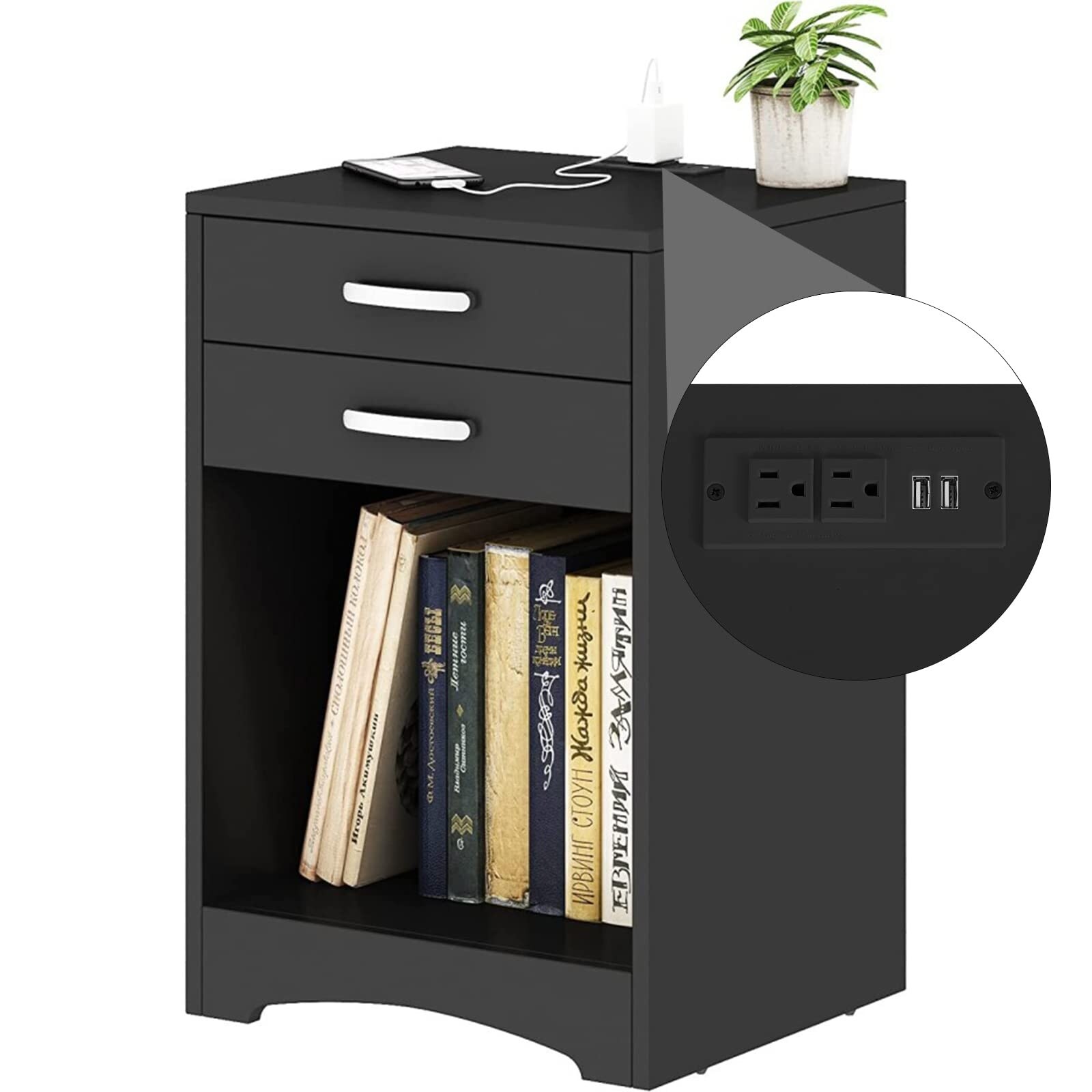 Black Nightstand with Charging Station 2 Drawer Bedroom Nightstand Wood