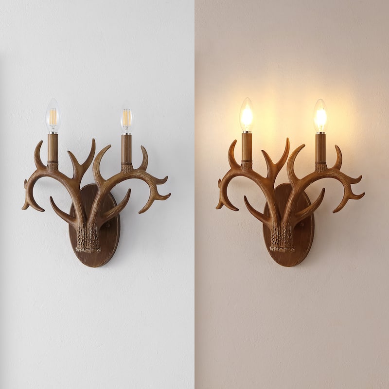 Wyatt 13.25" 2-Light Southwestern Bohemian Resin/Iron Faux Antler LED Sconce, Brown Wood Finish by JONATHAN Y