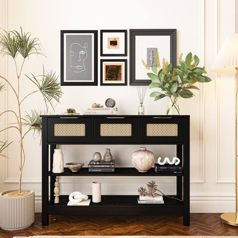 43.3" Sofa/Console Table - with 3 Top Drawers and 2 Open Shelves, Farmhouse Style
