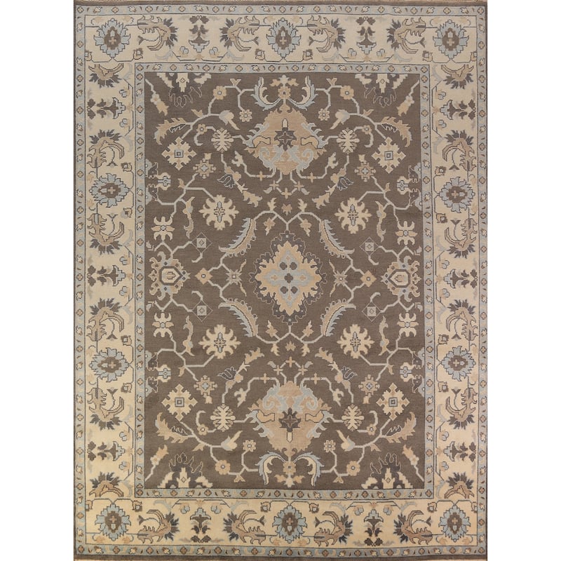 Brown Floral Oushak Indian Area Rug Hand-Knotted Wool Carpet - 9'0"x 11'10"
