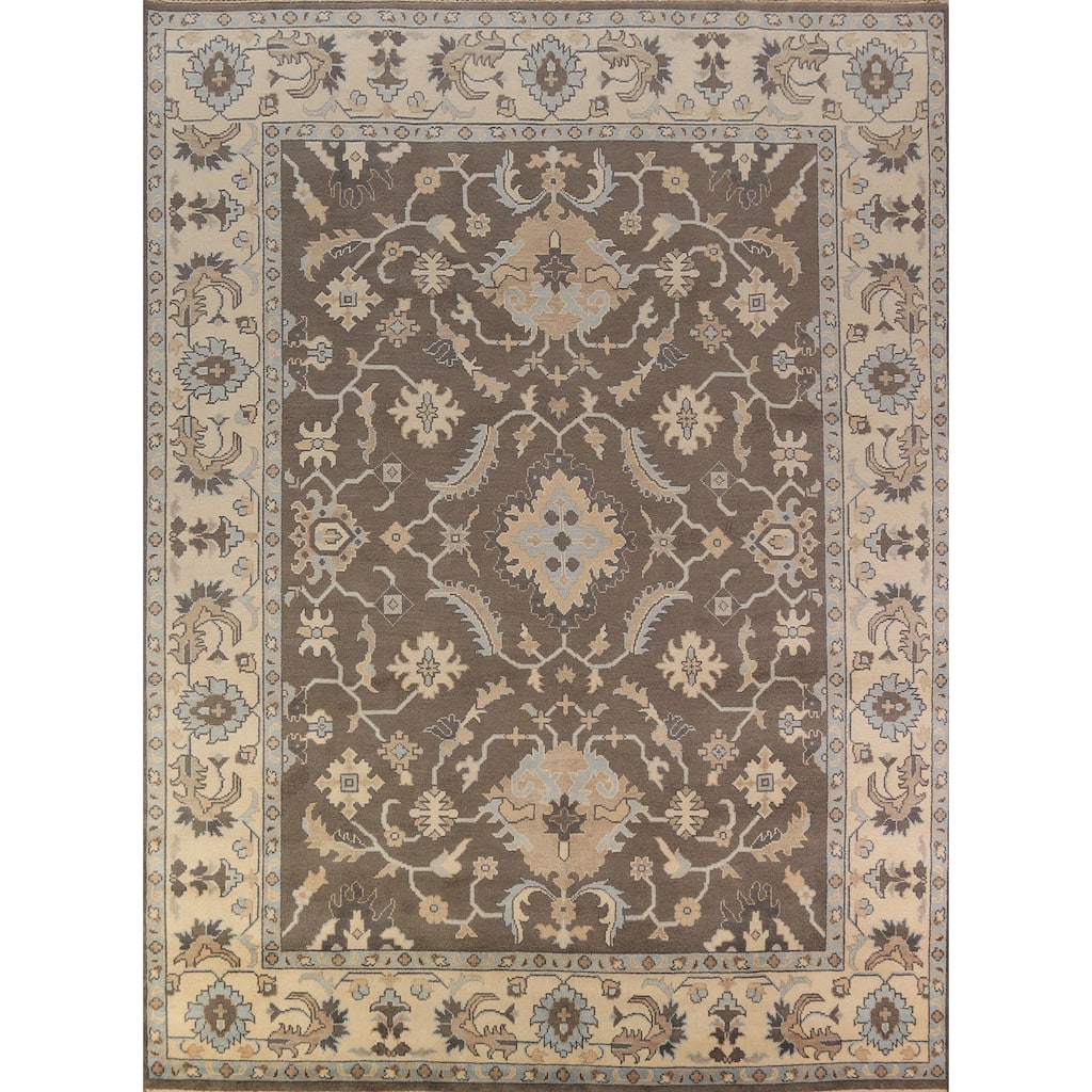 Brown Floral Oushak Indian Area Rug Hand-Knotted Wool Carpet - 9'0"x 11'10"