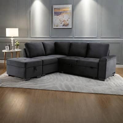 84.75" Velvet Sectional Sofa with Storage Ottoman, USB Charging and Hidden Arm Storage and L-Shaped 4-Seater