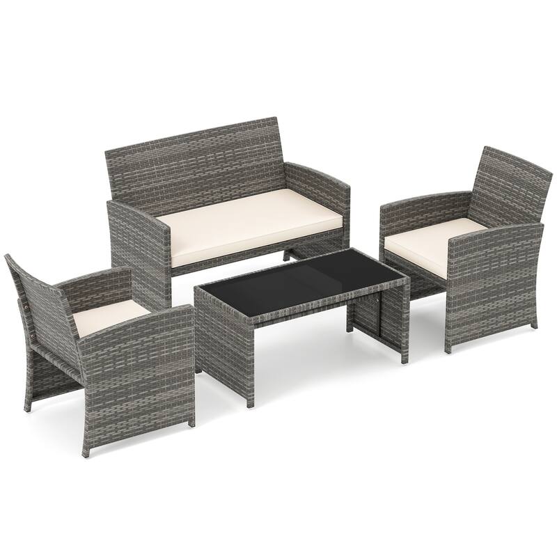 4 Piece Outdoor Patio Furniture Set Mix Gray PE Rattan Loveseat Armchairs and Tempered Glass Coffee Table with Cushions