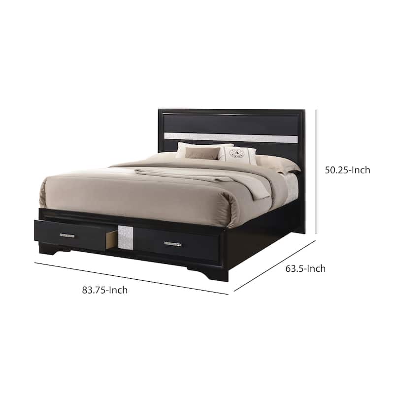 Transitional 2 Drawer Wooden Queen Size Bed with Glitter Stripe, Black