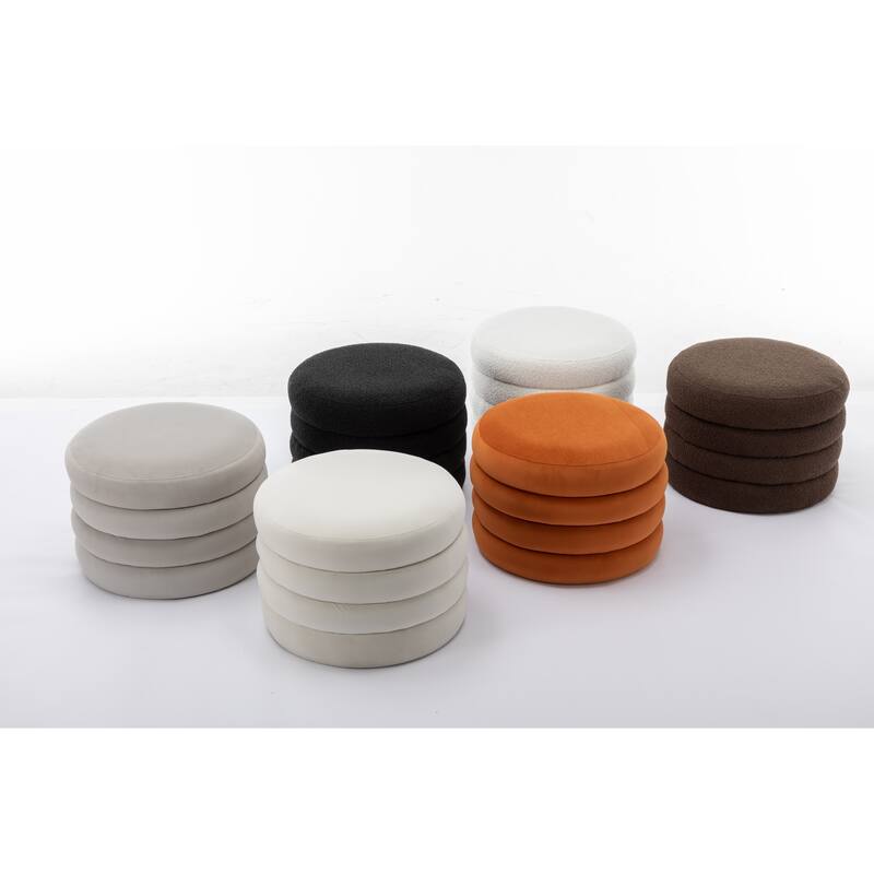 007-Velvet Fabric Storage Round Ottoman Footstool With Wooden Shelving