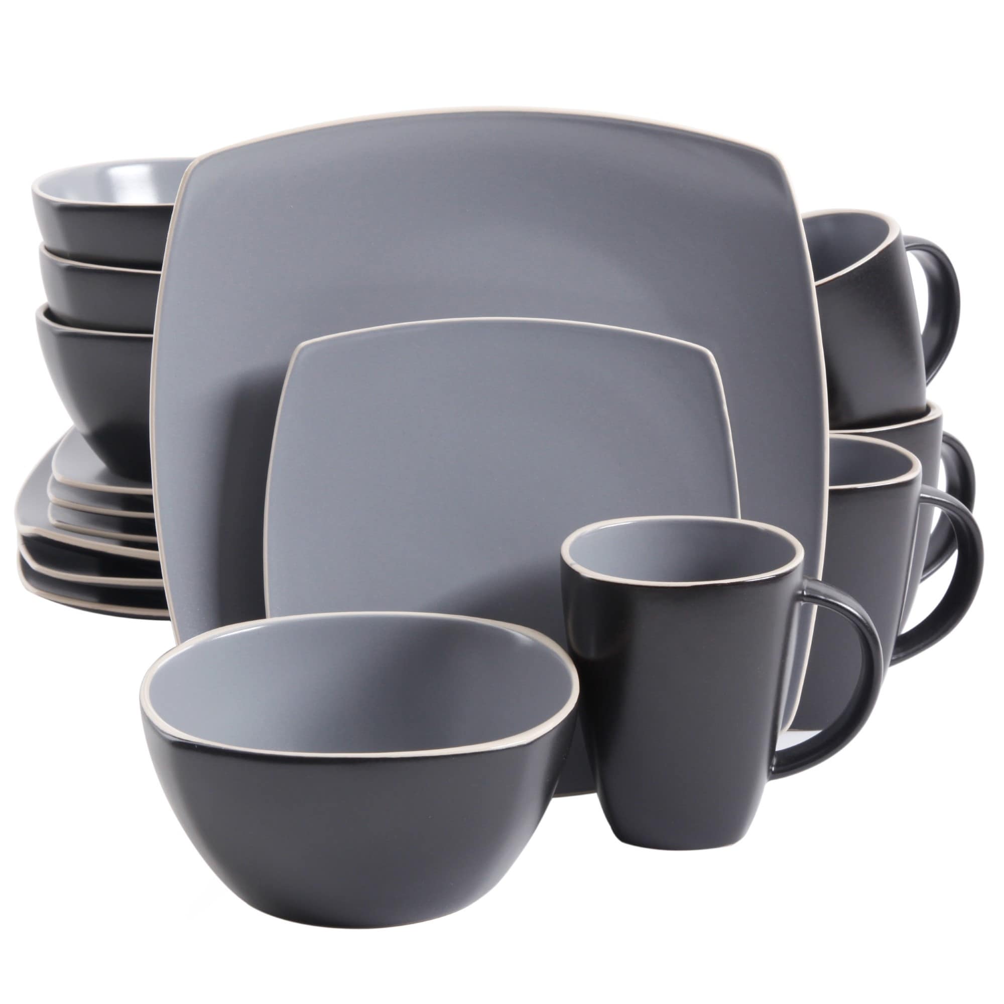 Gibson Elite Soho Lounge Square 16 Piece Stoneware Dinnerware Set Black Taupe