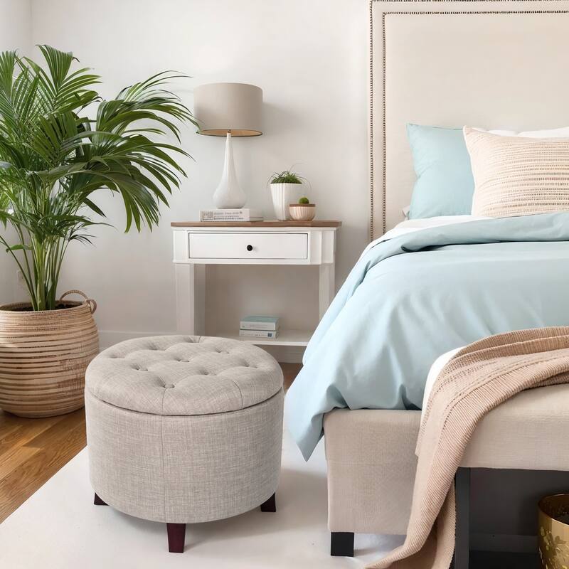 Adeco Round Linen Storage Ottoman Tufted Fabric Footstool with Lid