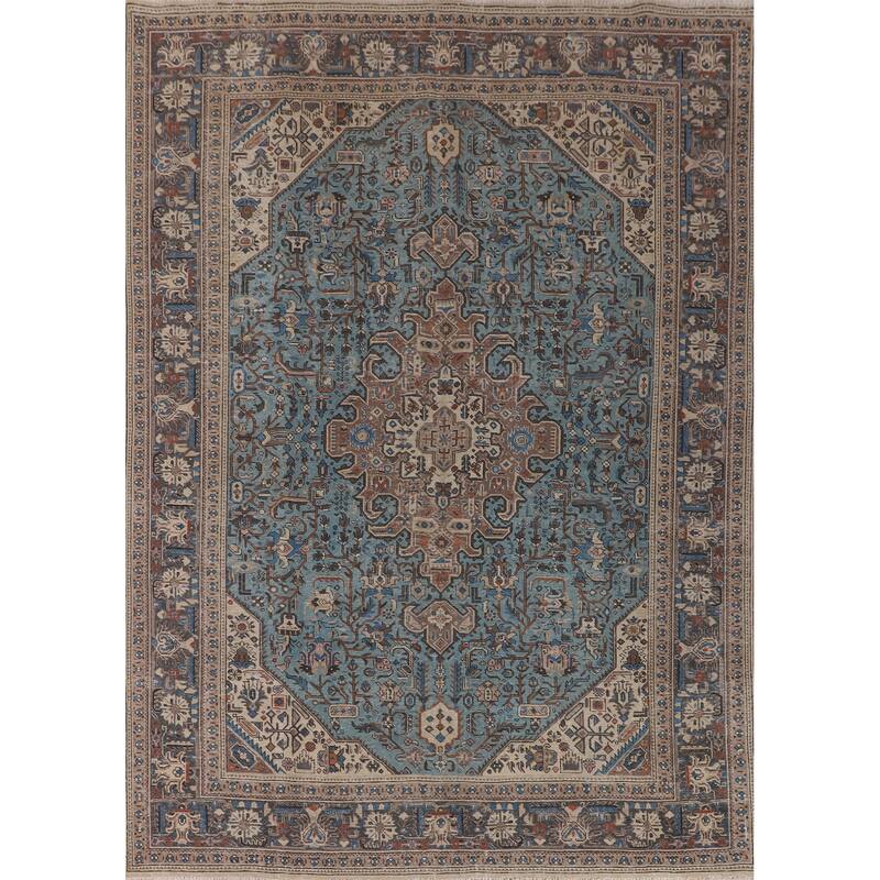 Light Blue Distressed Tabriz Persian Vintage Rug Handmade Wool Carpet - 9'7" x 12'3"