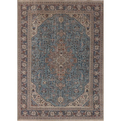 Light Blue Distressed Tabriz Persian Vintage Rug Handmade Wool Carpet - 9'7" x 12'3"