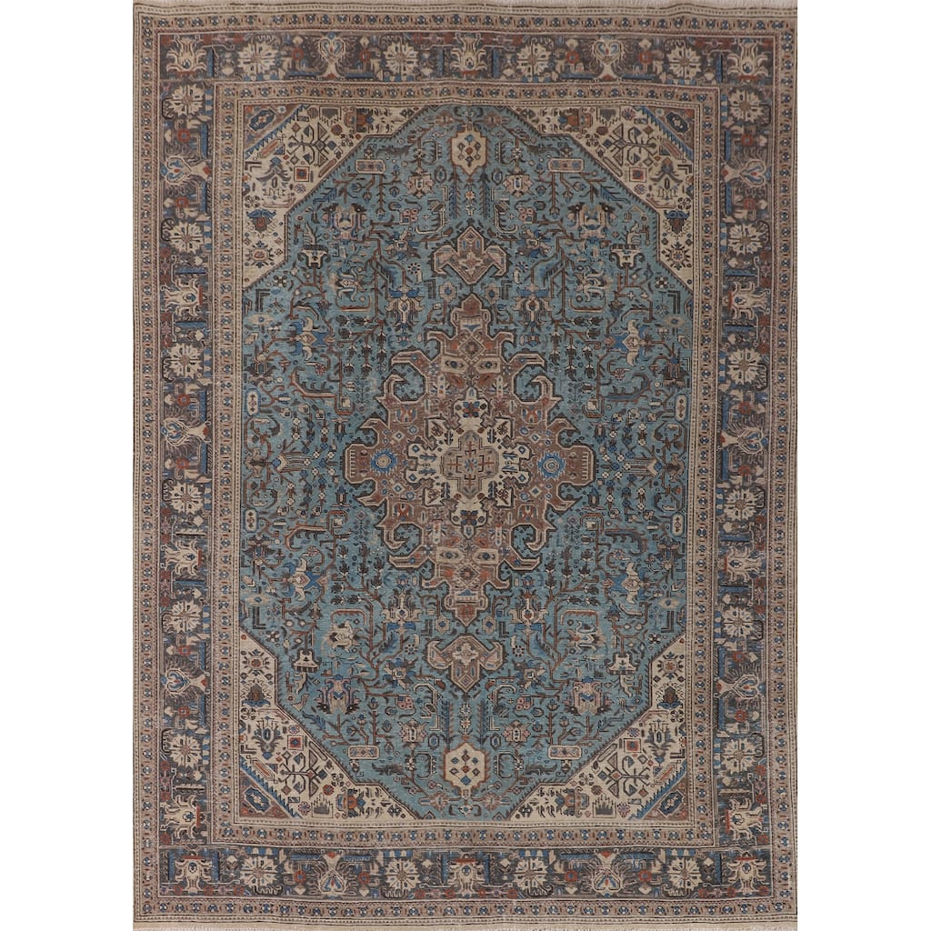 Light Blue Distressed Tabriz Persian Vintage Rug Handmade Wool Carpet - 9'7" x 12'3"