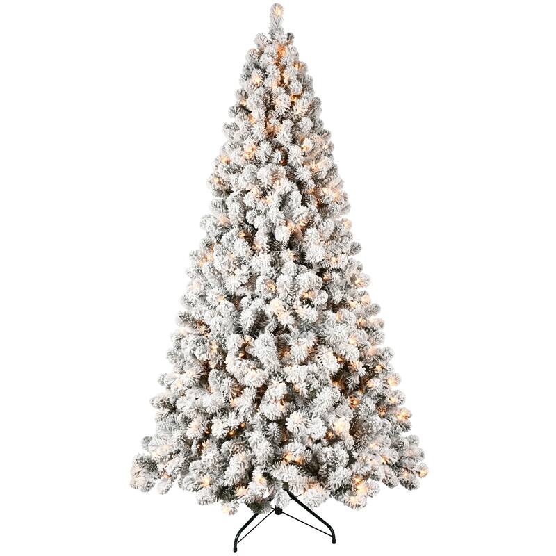 Pre-Lit Snow Flocked Tree - UL Warm White Lights, Auto-Unfold Memory Wire, Metal Stand - Green,White
