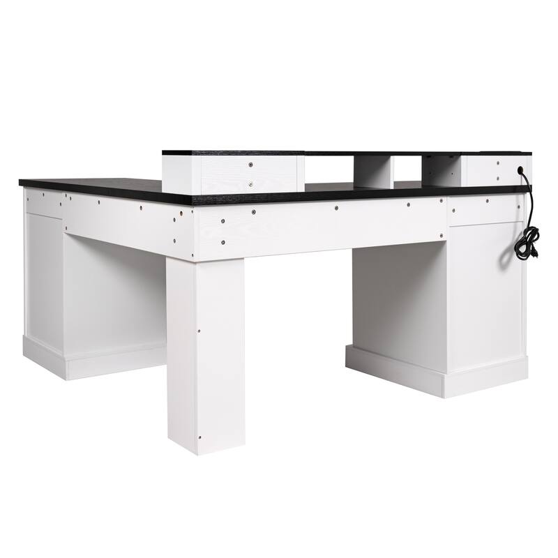 Roomfitters 59" Modern Fluted L-Shaped Desk with Charging Station, Monitor Stand & File Drawer