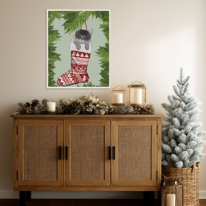 Grey Kitten in Christmas Stocking by Fab Funky (23 x 28 in.), Framed Canvas Wall Art Print - Sylvie Beaded White
