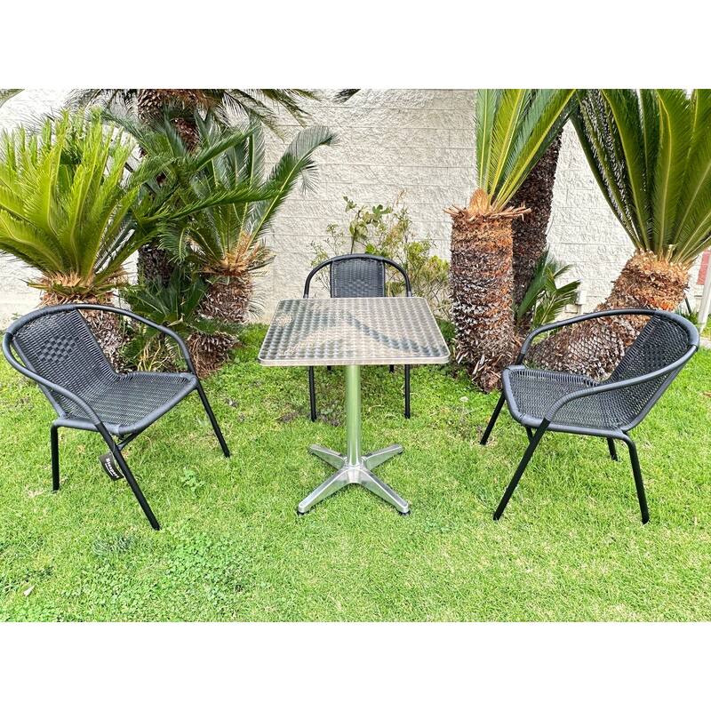 BTEXPERT Indoor Outdoor 23.75" Square Restaurant Table Stainless Steel Silver Aluminum + 3 Black Rattan Stack Chairs
