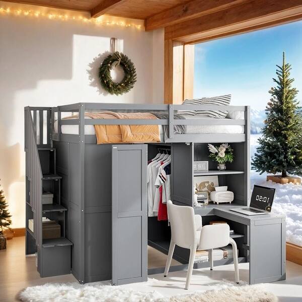 slide 2 of 36, Full Size Bunk Bed with Wardrobe, Desk and Shelves Grey