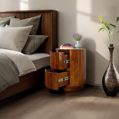 Harrison Vertical Groove Round Scallop Accent Table with 2 Drawers - Solid Wood Rustic Storage Table