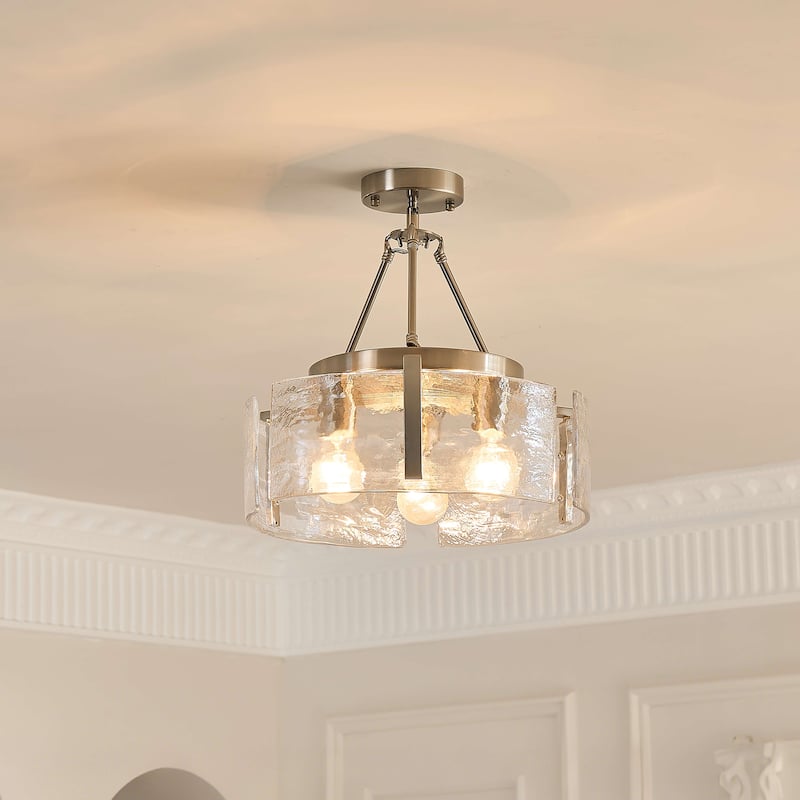 Reina 3-Light Water Textured Glass Panel Drum Semi Flush Mount