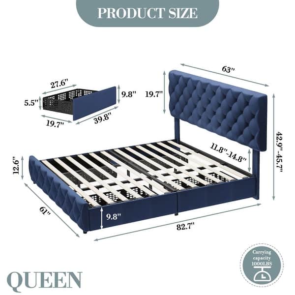 dimension image slide 2 of 6, Bed Frame with 4 Storage Drawers, Linen Upholstered Platform Bed Frame with Adjustable Headboard