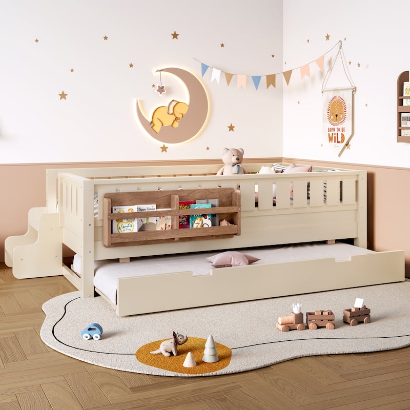Roomfitters Floor Bed with Bookshelf and Trundle, Low Profile Frame with Step Entry - Beige - Twin