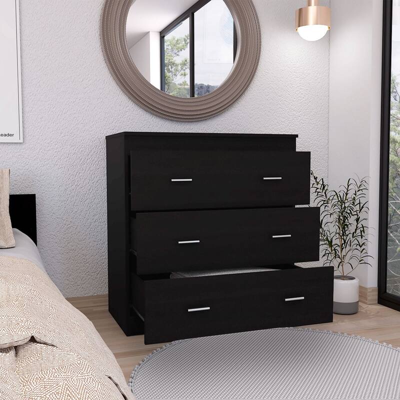 Modern 3-Drawer Black Dresser with Roller Glides and Metal Handles for Bedroom Storage or Living Room