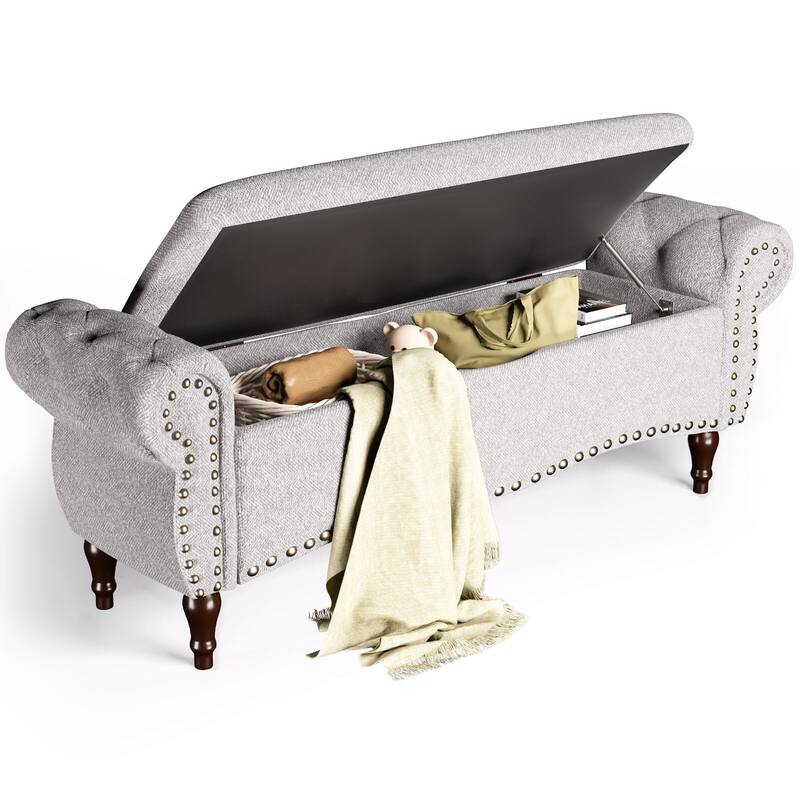 53 in Tufted Rolled Arm Storage Bench with Nailhead Trim