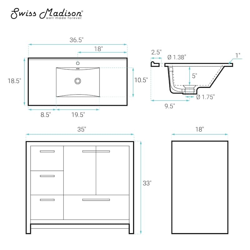Virage 36" Freestanding Bathroom Vanity In Brown Oak With Sink Top - 36