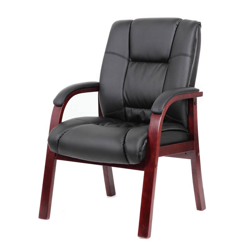 Aria Guest Armchair with Mahogany Brown Wood Finish, Black Vinyl