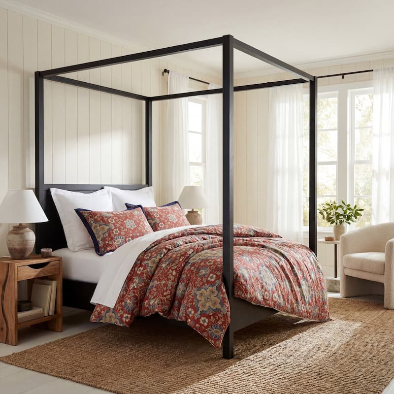 HiEnd Accents Melinda Red/Navy Washed Linen Vintage Floral Medallion 3 Piece Comforter Set