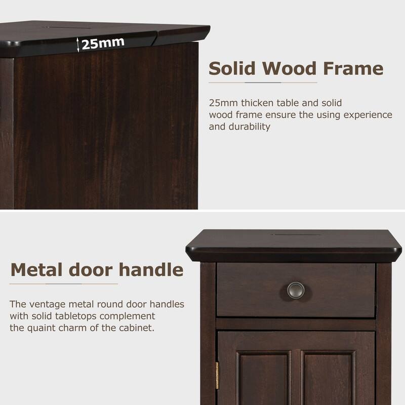 Multifunctional End Table with USB Ports and 1 Drawer with Cup Holders, Vintage Sofa Side Table Bedside Nightstand Narrow Table