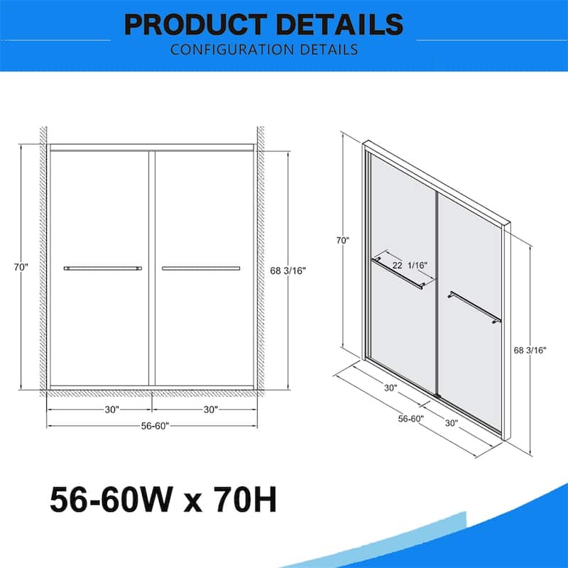 56-60"x70" Double Sliding Shower Door,Bypass Bathroom Sliding Door