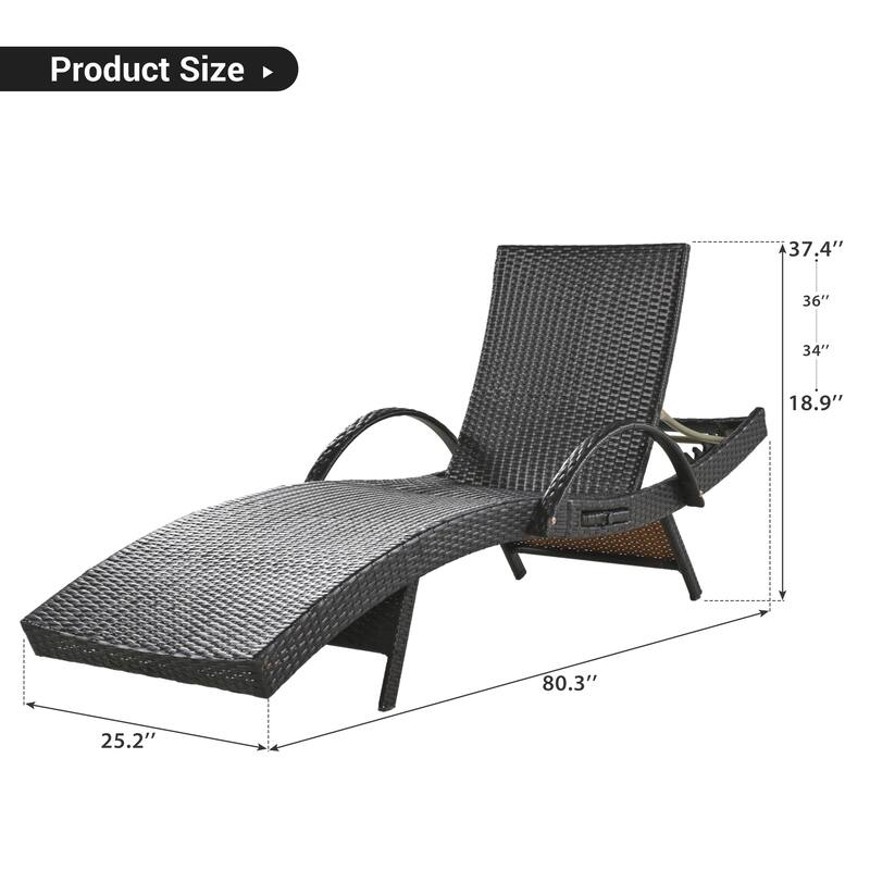 Outdoor Wicker Chaise Lounge w/Adjustable Backrest，Patio Reclining Chair w/Pull-out Side Table