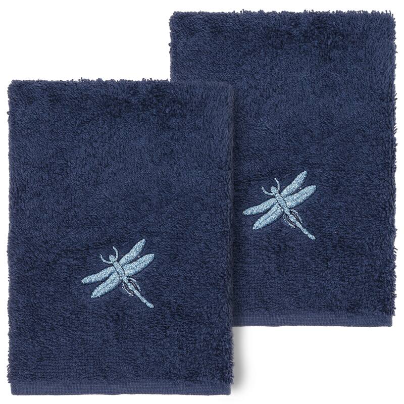 Authentic Hotel and Spa 100% Turkish Cotton Braelyn 2PC Embellished Washcloth Set - Navy