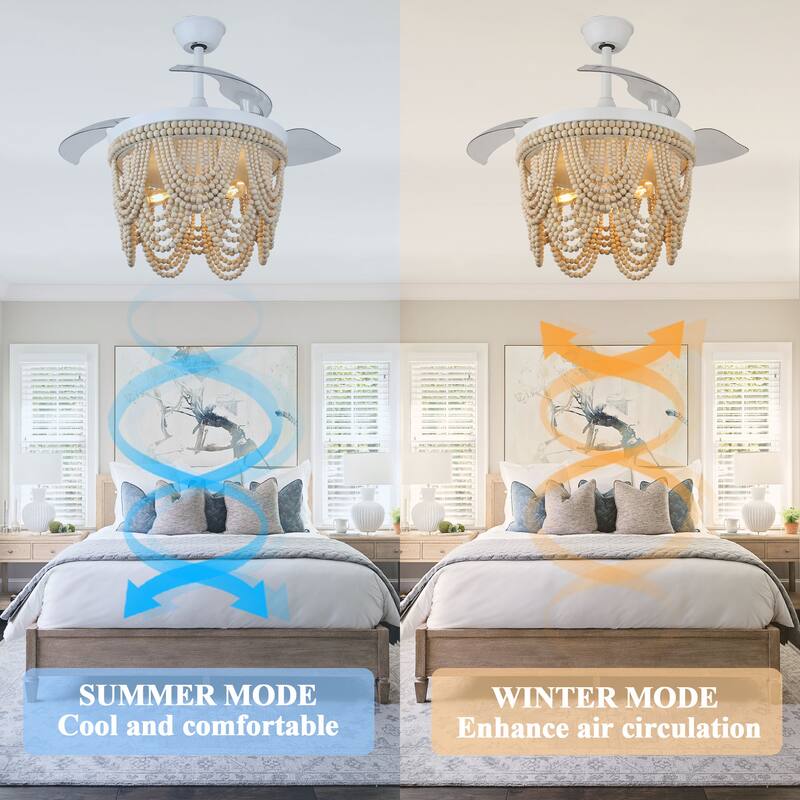Cusp Barn 42 Inch Boho Retractable Ceiling Fan with Remote, Coastal 6 Speeds Fandelier, Farmhouse Caged Wood Beaded Ceiling Fan