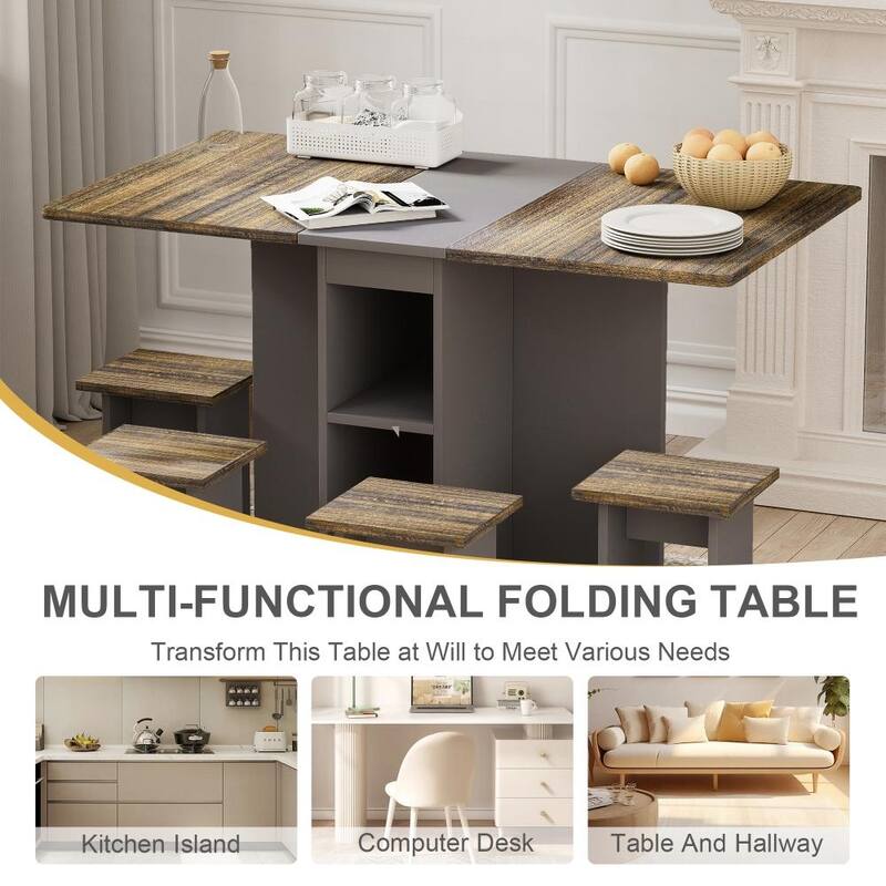 Modern 5-piece Wood Extendable Dining Set with 55'' Drop Leaf Table and 6 Wheels