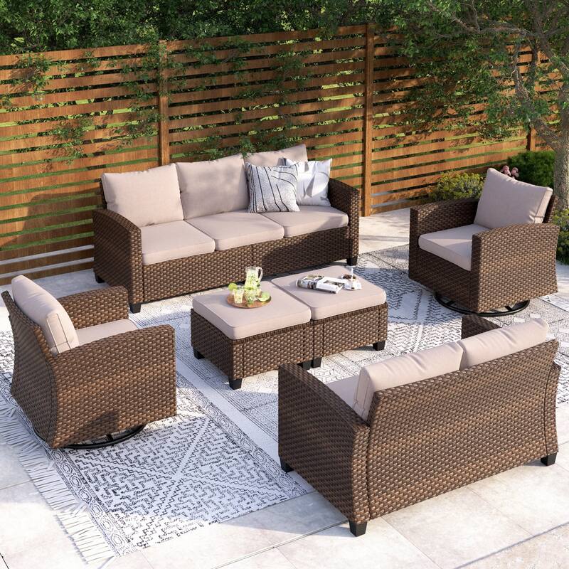 9-Seat Patio Furniture Wicker Rattan Outdoor High-back Sectional Sofa Conversation Set with Firepit Table