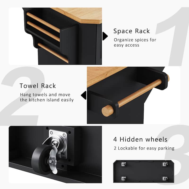 56" Rolling Kitchen Island with Storage Cabinet, Vertical Stripe Mobile Kitchen Cart Island Table with Power Outlet