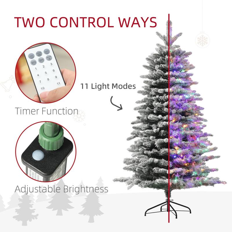 HOMCOM Pre-Lit Snow Flocked Mountain Pine Tree - LED Lights, Hinged Branches, Green