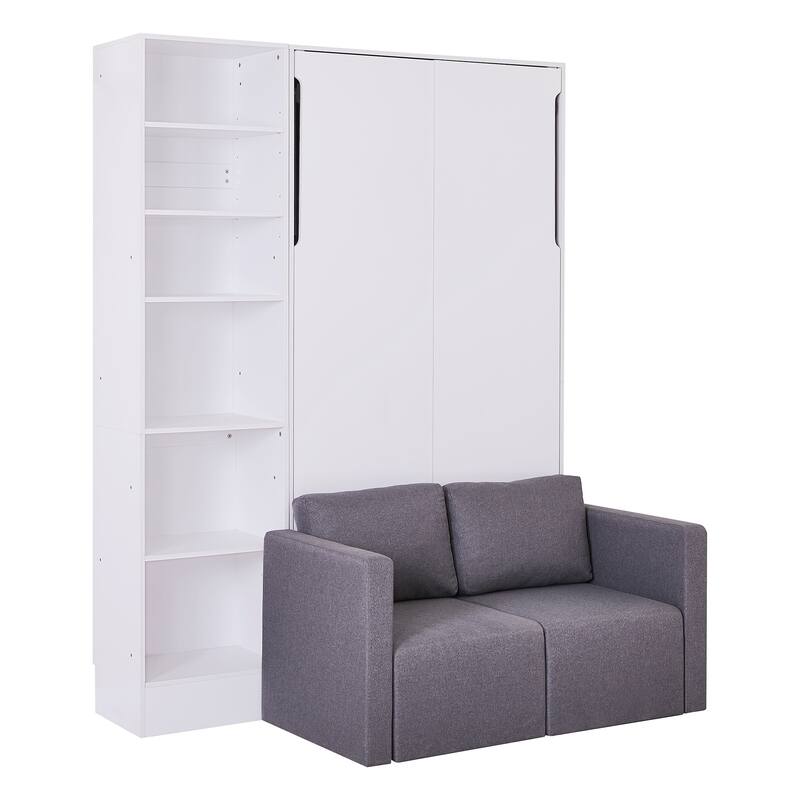 Twin Size Murphy Bed with Sofa and Shelves, White