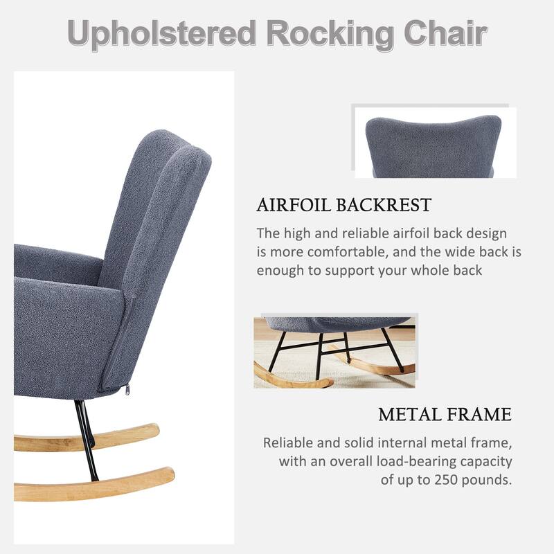 Javlergo Teddy Fabric Rocking Chair, Upholstered Nursery Glider Rocker with High Backrest & Side Pocket