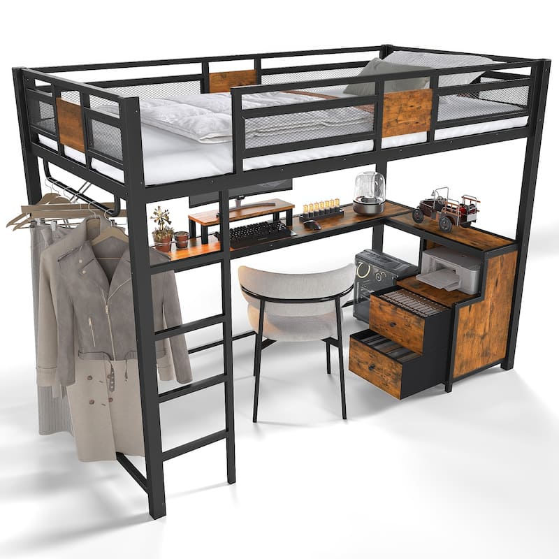 Twin XL Loft Bed with Desk and Storage Non-woven Fabric Drawers with Ladders, Nosie-free and No Spring Box Needed