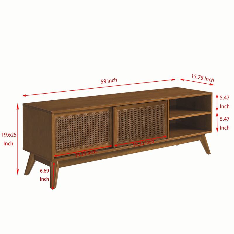 Mid Century Modern 59" TV Stand for TVs up to 65", Entertainment Center Cabinet Media Console with Open Shelves and Rattan Doors